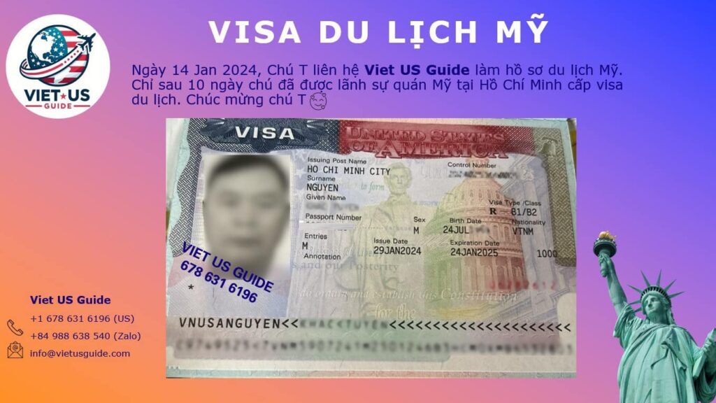 Promotional image of a modified U.S. travel visa beside the Viet US Guide contact information, symbolizing successful visa assistance for their clients.